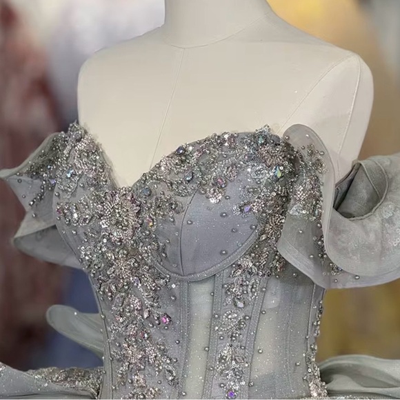 Elegant Gray Off-Shoulder Gown with Beaded Details - Picture 2 of 5